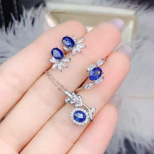 Natural Sapphire S925 Sterling Silver Ring Earrings Pendant Necklace Set Fine Fashion Luxury Weddings Jewelry For Women MeiBaPJF