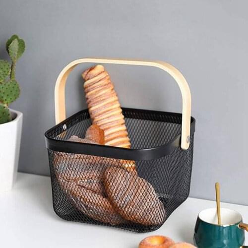 ABSF 2 Pcs Candy Colors Storage Basket Wood Handle Fruit Vegatable Basket Etal Mesh Storage Bag Basket Organizer