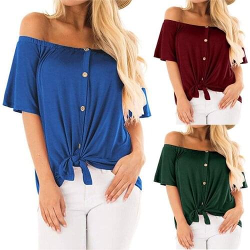 Leosoxs 2021 Summer New Fashion Sexy Off Shoulder Womens T Shirt Casual Loose Solid Short Sleeve Button Ladies T Shirts Basic