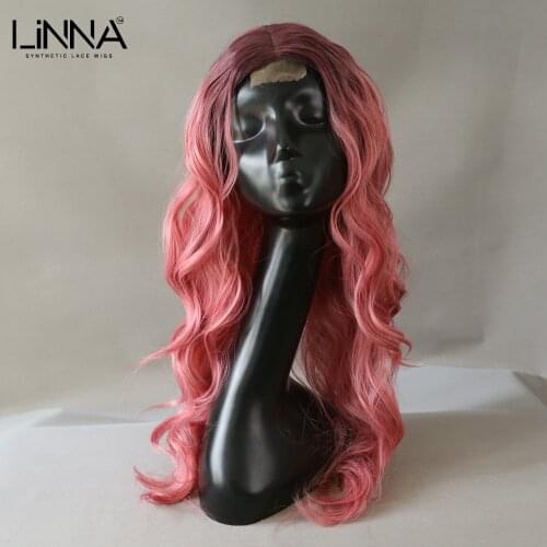 LINNA Long Wavy Pink Synthetic Wigs Middle Part Lace Wig for Women Heat Resistant Natural Wavy Daily Party Cosplay Wig