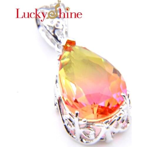 Luckyshine Fashion Gradient Bi Colored Tourmaline Waterdrop Crystal Zirconia Silver Engagement Gift Women Pendant Necklace NEW