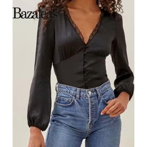 Fashion Like Silk Blouse Women Harajuku Deep V Neck Lace Black Blouse Chic Center Buttons Ropa Mujer