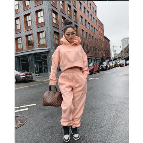 Fashion Womens Suit Fleece Knitted Casual Hooded Collar Pullover Solid Color Regular Trousers Sports Two-piece Suit Donsignet