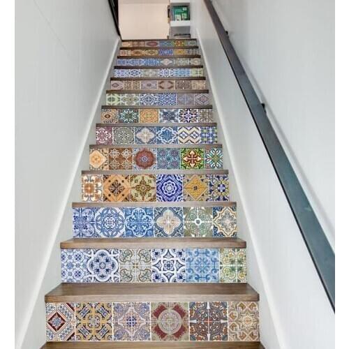 Retro Pattern Stair Sticker Removable PVC Tiles Decals Mural Home Decor for Bathroom Kitchen Stairway Wallpaper Self-adhesive