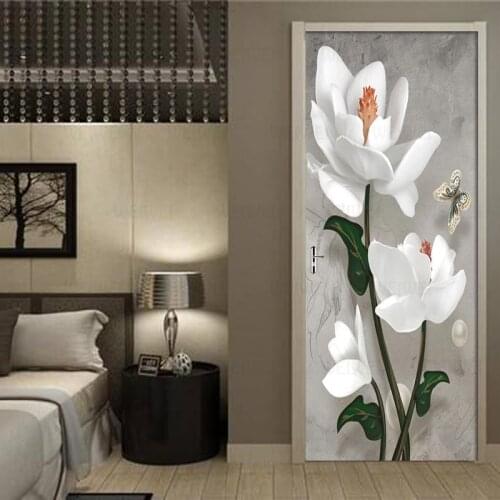 DIY Door Stickers 3D Embossed Flowers Retro Wall Stickers PVC Waterproof Self-adhesive Living Room Door Decor Detachable Decal