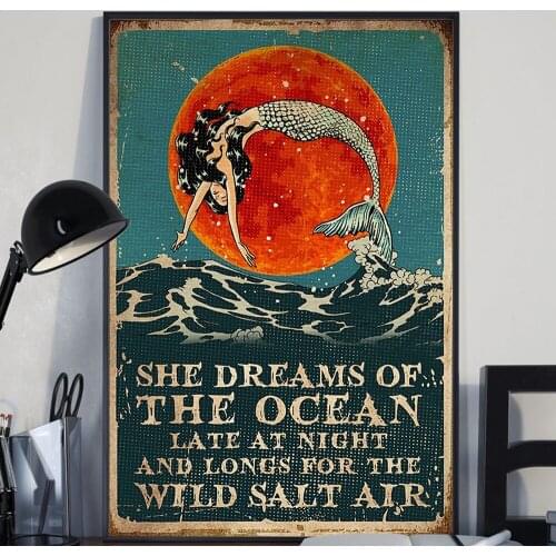 Mermaid Retro Poster She Dreams of Ocean Wall Art Prints Sunset Sea Modern Canvas Painting Living Room Nordic Home Decoration