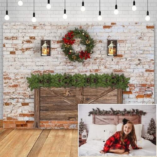 Christmas Headboard Backdrop for Dilapidated Brick Wall Christmas Wreath Decor Birthday Photographic Studio Photo Backgrounds