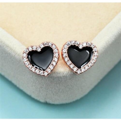 Female Black Heart Enamel Small Earrings Cute Round Zirconia Stud Earrings For Women Minimalist Wedding Rose Gold Earrings