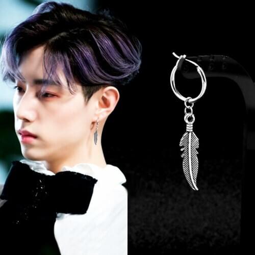 SOHOT New Unisex Vintage Feather Leaf Hoop Earrings Metal Stainless Steel Man Wholesale Jewelry Punk Hip Hop Bar Party Chic Gift