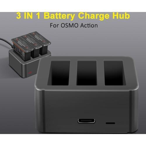 3 in 1 OSMO ACTION Battery Charger Hub TYPE-C Input 4.35V Lithium Charging Kit for DJI OSMO ACTION Accessories