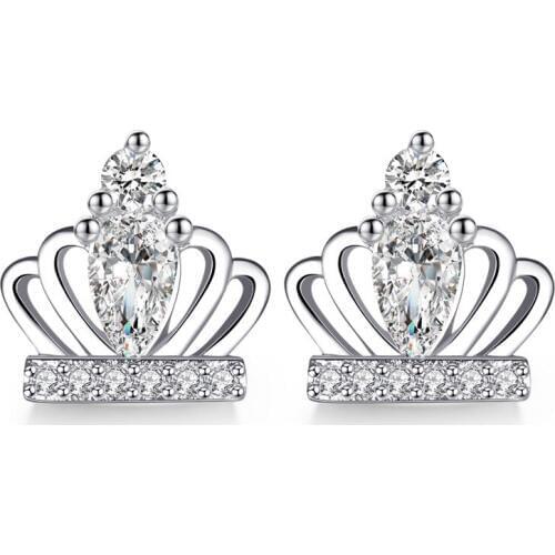 925 Sterling Silver Fashion Shiny Crystal Crown Design Stud Earrings for Women Wholesale Jewelry Birthday Gift Drop Shipping