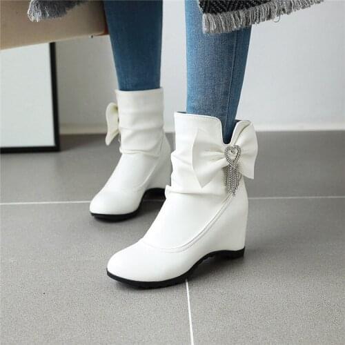 YMECHIC 2019 Fashion Crystal Chain Wedding Party Ladies Ankle Boots Bowtie Design Black White Slip on Winter Bride Shoes Woman