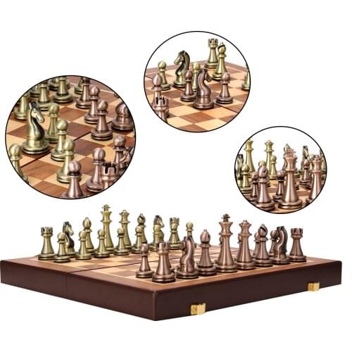 Metal Chess Metal Chess Pieces Wooden Folding Chessboard Alloy Board Game Chessboard Gift