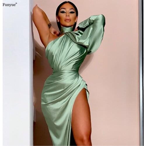 Fashion Mint Green Evening Dress 2021 New Arrival Halter Neck Mermaid Satin Evening Gown Side Split Vestidos De Fiesta