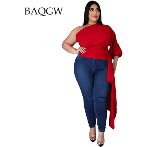 Fashion Large Size Womens Solid Bandages One Shoulder Sexy Tops Casual Puff Long Sleeve Irregular Party Clubwear Outfits XL-5XL
