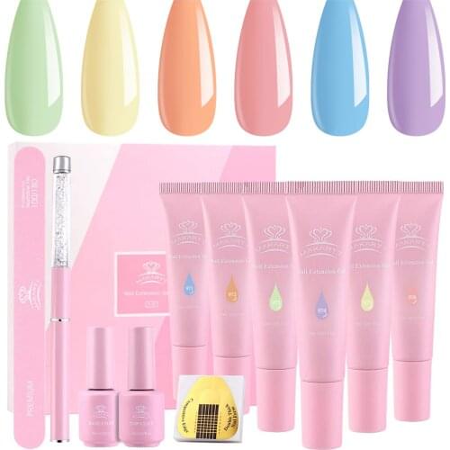 Makartt Poly Nail Extension Gel Kit, No Slip Solution Need Blue Pink Nail Builder Gel with Base Coat Top Coat All-in-One