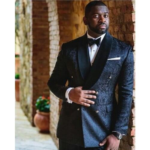 JELTONEWIN Latest Coat Pant Designs Double-Breasted Black Floral Blazer Slim Fit Mens Groom Tuxedo Wedding Dress Party Suits