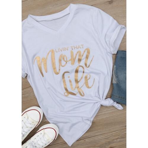 Women Casual Mom Life Letter Print Short Sleeve V-neck Top T-shirt Cool New Summer Plus Size Tees Hot