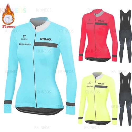 STRAVA-Women Cycling Jersey 2020 Professional Winter Thermal Fleece Team Long Sleeve Mountain Bike Set