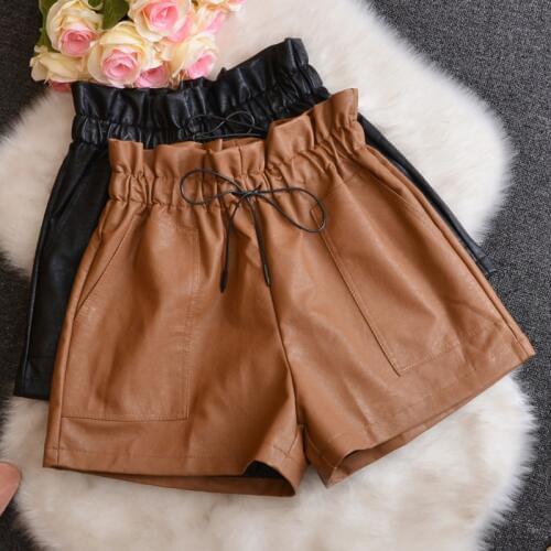 Spring Fall Fashion Womens Ladies Elastic Ruffles High Waisted Wide Leg Pu Leather Shorts , Autumn Winter Woman Loose Xxl Shorts