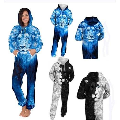 2020 Wome Print Jumpsuit One-piece Pajama Romper Playsuit Adult Lion Printed Zipper Hoodie Bodysuit Streetwear Overalls Outfits
