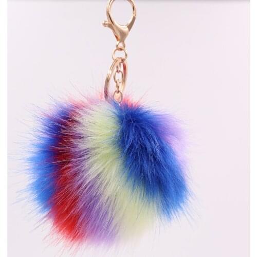 2021 Wholesale Hot Sale Color Striped Fur Ball Keychain Imitation Fox Fur Straw Bag Pendant Lady Plush Pendant