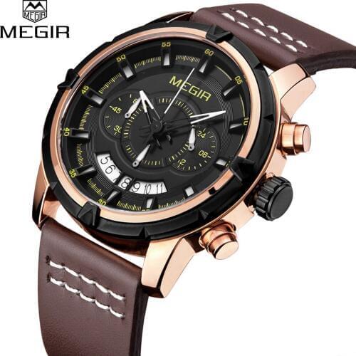 MEGIR Casual Chronograph Mens Watches Top Brand Luxury Leather Gold Watch Men Quartz Sports Wrist watch Mens Relogio Masculino