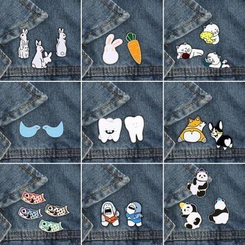 2-4pcs/set Cartoon Animals Brooches Cute Rabbit Cat Dog Enamel Pins Panda Tooth Whale Shark Badge Custom Lapel Pin Gifts Jewelry