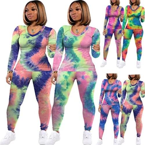 Fashion Casual Sportswear 2pcs Women Set Sweatshirts Sweatshirt + Tie Dye Print Pants 2 Pieces Set Autumn Clothes Lady Plus Size