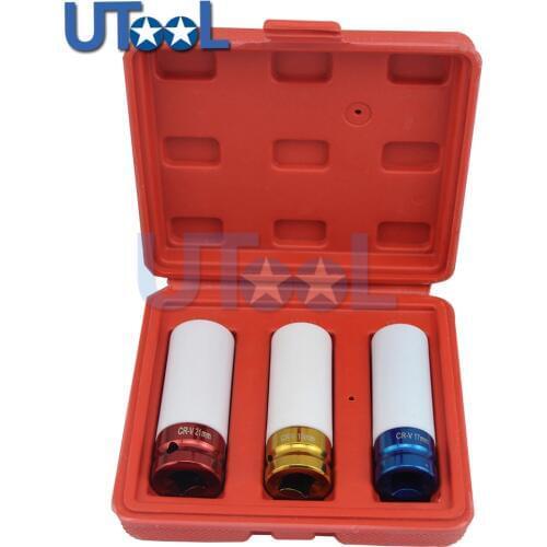 3Pcs 1/2 Inch Dr Alloy Wheel Deep Impact Lug Nut Socket Set 17mm 19mm 21mm Auto Repair Tools