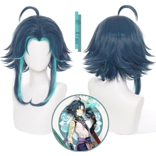 Game Genshin Impact Xiao Cosplay Wig Anime Green Blue Short Wig Heat Resistant Synthetic Hair Free Wig Cap Halloween Party Props
