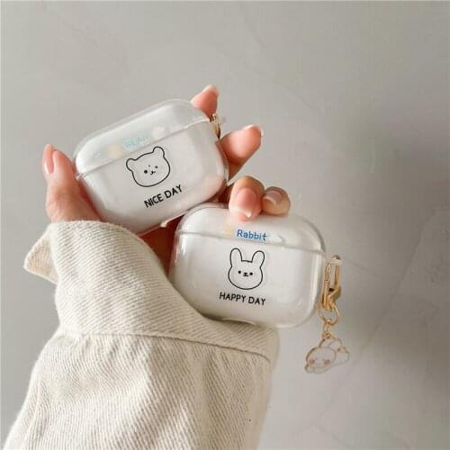 For AirPod 12 Pro Case Transparent Clear Cute Cartoon Bear Rabbit Soft Silicone Cases for Apple Airpods Pro Cover Funda Keychain