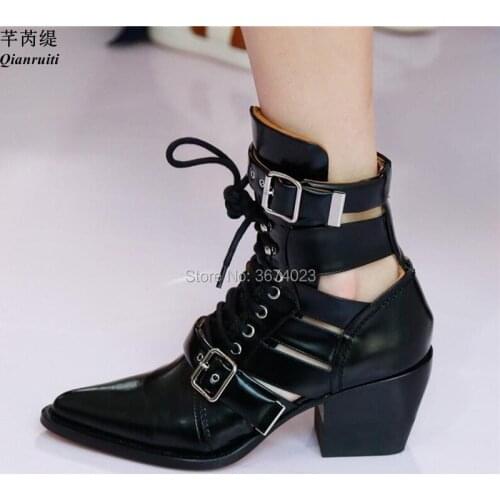 Qianruiti Women Glossed-Leather Ankle Boots Chic Hollow Outs Thick Heels Lace Up Pointy Toe Motorcycle Bottes Runway Matin Botas
