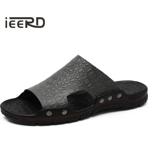 Large Size Genuine Leather Slides Men Slippers Fashion Fretwork Men Sandals Concise Sandalias Light 6 Colors Leisure Footwear