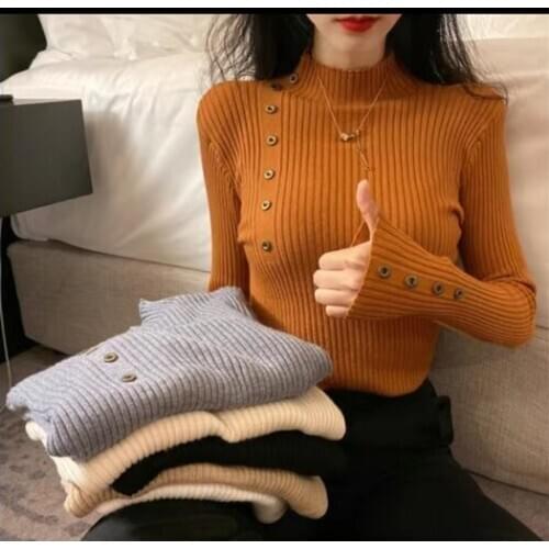 Korean Style Spring Womens Half Turtleneck Sweater Female Solid Color All-match Slim Close-Fitting Base Top Pullovers Sweaters