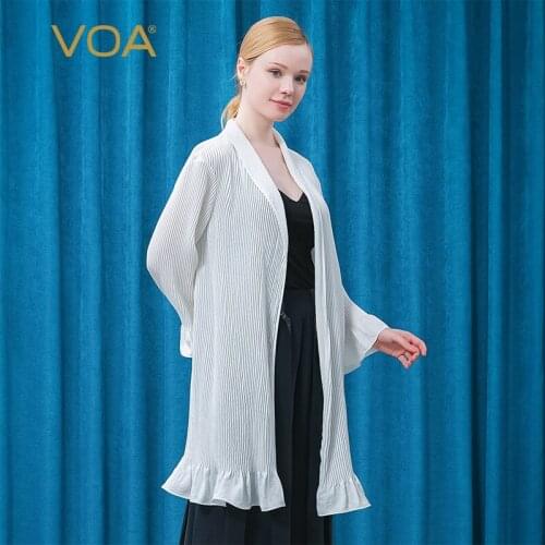VOA Jacquard 22m/m Silk Tops Ivory White Coat Spring 2021 Fold Ruffled Trumpet Long Sleeve Long Cardigan Jackets for Women WE100