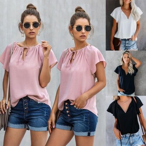 Summer Blouse Women Fashion O Neck Ruffle Short Sleeve Lace Up White Top Sexy Solid Color Loose Pullover Tops Ladies Black Shirt