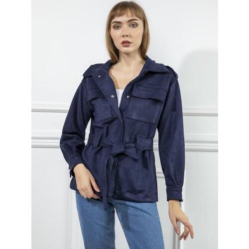 Women Jacket Suede Coat Outwear Autumn Winter Belt Ladies Casual Coat