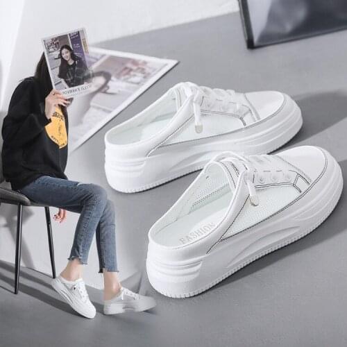 Womens White Shoes 2021 Spring and Summer New Womens Breathable Casual Leather Stitching Mesh Slippers