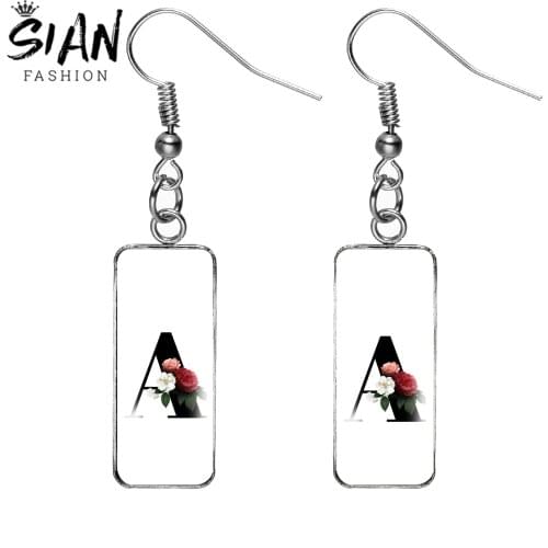 26 English Letters Dangle Earring A-Z Artistic Alphabet Stainless Steel Art Photo Glass Cabochon Drop Earrings Jewelry for Women