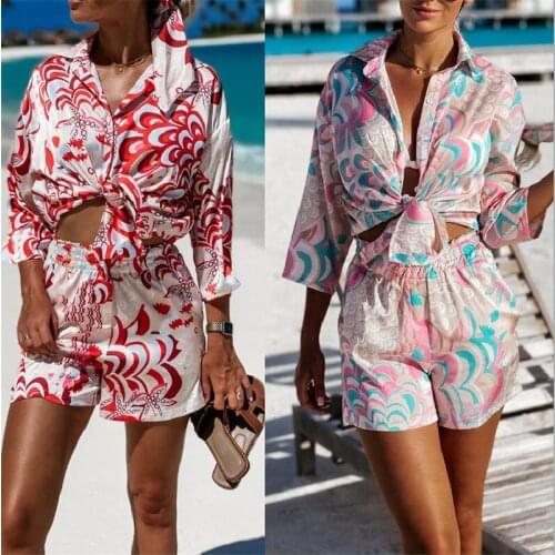 2pcs Short Sets Sets Women Fashion Beach Styles Scenery Pattern Button-down Shirts and Shorts 2021 New Summer Casual Sets