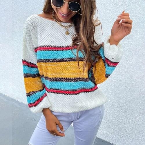 Women Sweater Slash Neck Rainblw Striped Print Knitted Casual Loose Fashion Top Female Long Sleeve Hollow Out Jumpers Pullover