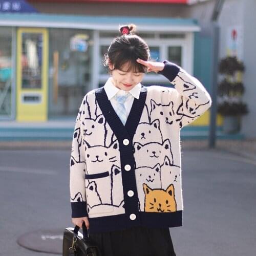 Kawaii Kitty Knitted Women Korean Fashion Cardigan Winter Japanese Cat Printed Harajuku Long Sleeve Loose Female Thick Sweater