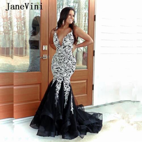 JaneVin 2020 Sexy Black Mermaid Long Prom Dresses Sexy Deep V Neck White Lace Appliques Beaded Backless Tulle Women Party Dress