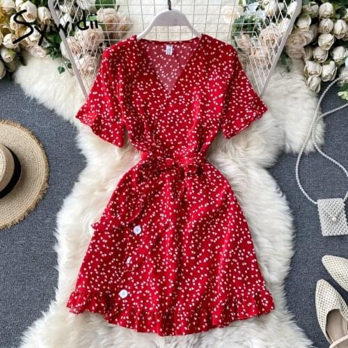 Syiwidii Boho Flare Sleeve Dresses Women Summer 2021 A-Line Sashes V-Neck Floral Print Casual Green Yellow Red Dress Mini Black