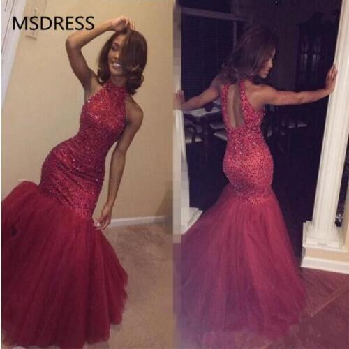 2019 New Burgundy Beaded Halter Mermaid Prom Dresses Keyhole Back Formal Party Gown Robe De Soiree Evening Vestidos de Fiesta
