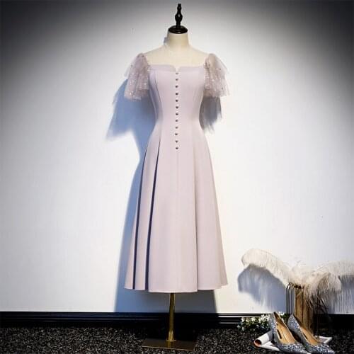 Sequins Pleat Short Sleeves Evening Dress Square Collar Pearls Fashion A-Line Empire Tea-Length Party Formal Dresses Woman B982