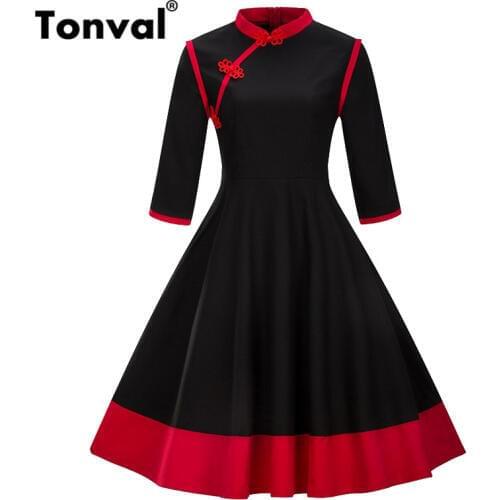 Tonval Frog Fastener Stand Collar Vintage Formal Midi Dress Women Elegant 3/4 Length Sleeve Autumn Winter Retro Dresses