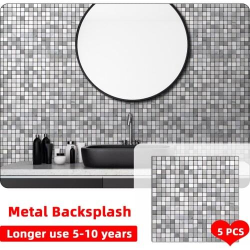 5PCS Wall Backsplash Mosaic Metal Self-Adhesive Panel Peel and Stick Tile-Sticker Fireproof DIY Wall-Decorative Bathroom Kitchen