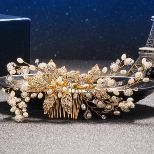 Bride Hair AccessoriesGold Plated Handmade Wedding Hair Jewelry Party Crystal Bridal Starry Rhinestone Hair Comb Pearl Tiara